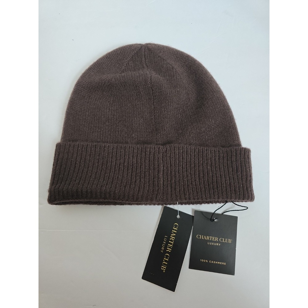 Charter Club Luxury 100% Cashmere Cuffed Beanie in Coffee Bean Brown Hat NWT